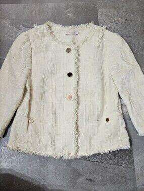 Tory Burch Textured Cropped Blazer. Linen Blend. 3/4 Sleeves. Light Yellow. 8 US